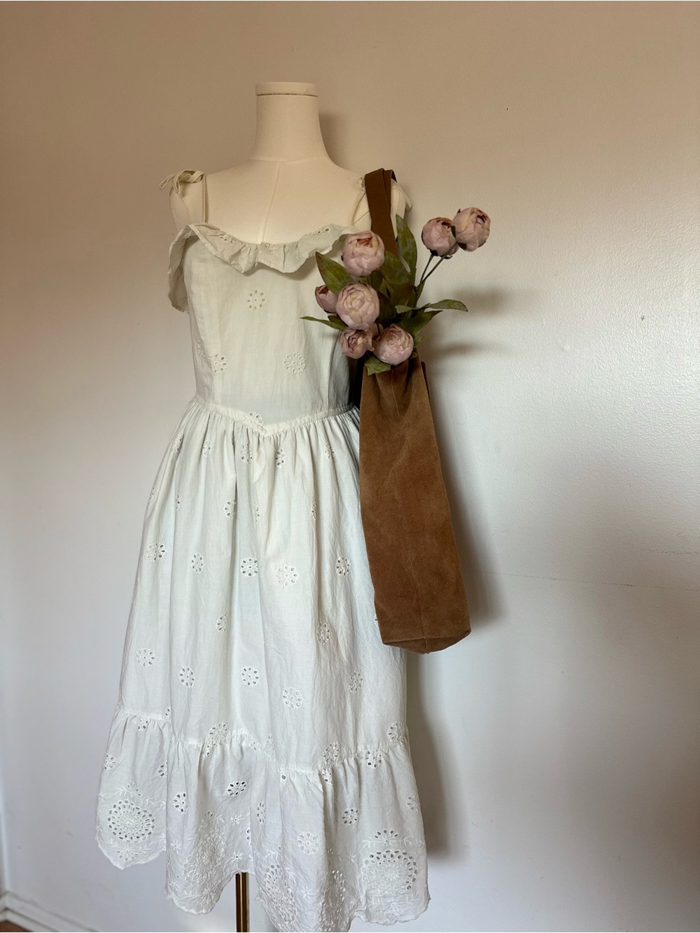 Romantic Cottage White Eyelet Tie Strap Cotton Midi Dress Size S 🕊️